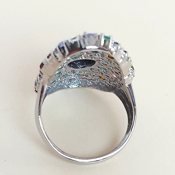 925 Sterling Silver Ring Sz 8 with Natural Black Opal, Emerald, Garnet, Tanzanit - Picture 4 of 7